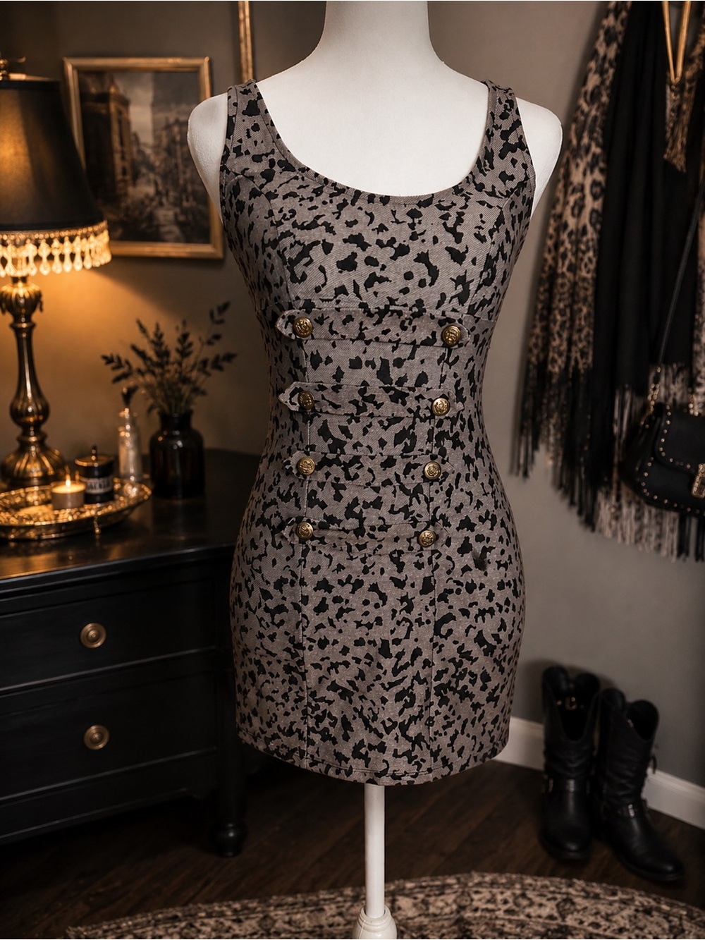 Wet Seal Y2K Animal Print Military Button Mini Dress
